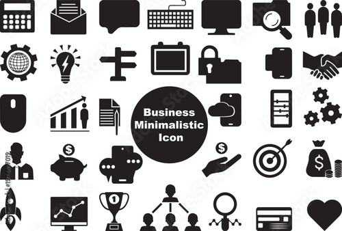 Business Minimalistic Icons Set Black Silhouette Art Business Growth Management Finance Sign Logo for Website Developer Vector