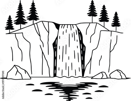 Waterfall flowing into a pool with trees and rocks on transparent background vector.
