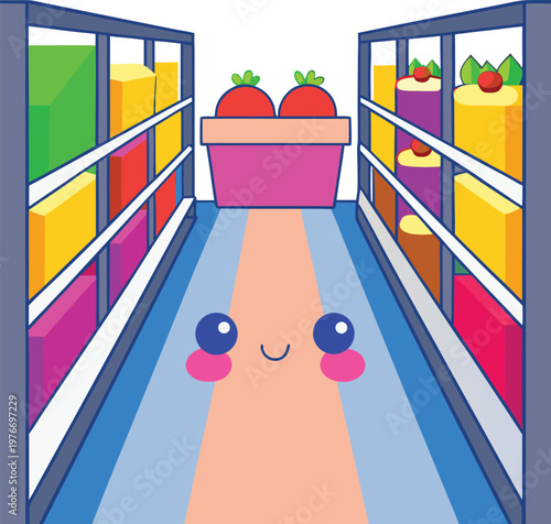 A bright grocery store aisle lined with colorful products, neatly stacked shelves, and clear signs guiding shoppers through fresh foods, snacks, and everyday essentials.
