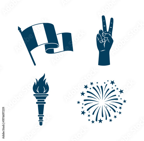 peace sign hand flag waving firework explosion stars isolated on white background