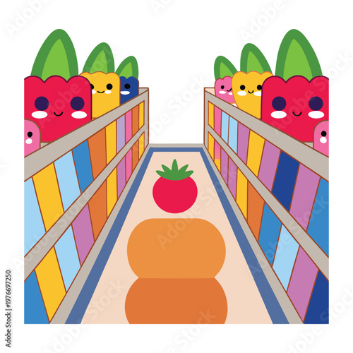 A bright grocery store aisle lined with colorful products, neatly stacked shelves, and clear signs guiding shoppers through fresh foods, snacks, and everyday essentials.
