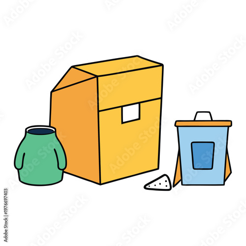 A torn package lies open beside scattered trash, its crumpled wrappers and discarded bits creating a small messy scene that hints at hurried unboxing and careless cleanup.
