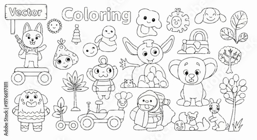 Coloring Page with Cartoon Characters and Nature Elements.