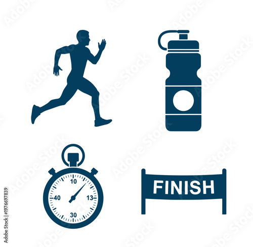 Running marathon training symbols with stopwatch finish line and water bottle