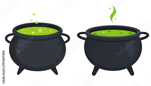set cartoon vector flat illustration of a black cauldron with steaming green liquid and bubbles. vector illustration of a magic pot
