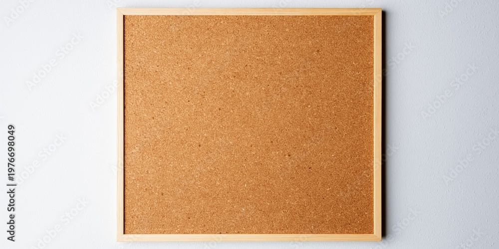 Fototapeta premium Simple wooden framed corkboard mounted on a plain textured wall