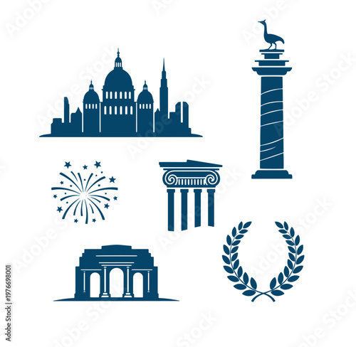 set of blue icons including city skyline statue column firework arch and laurel wreath