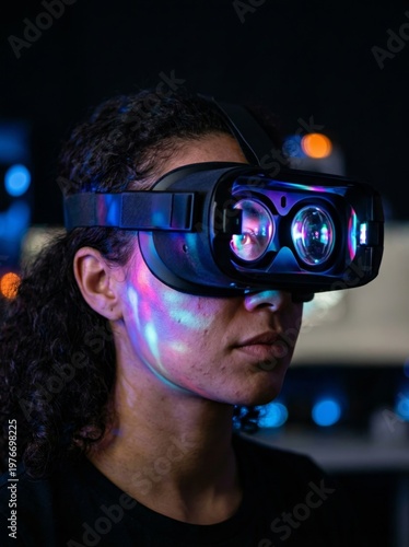 Young Woman Experiencing Immersive Virtual Reality Goggles