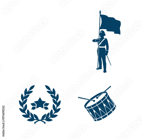 Silhouette of a soldier with a flag and drum military symbols