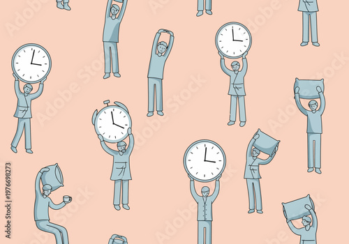 Concept of Sleep Routine and Time Management Illustration with People, Clocks, and Pillows on a Soft Pink Background