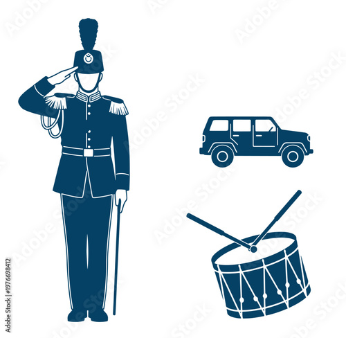 Soldier saluting with drum and SUV on white background