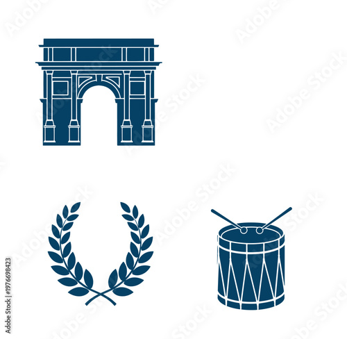 Triumphal arch monument icon with laurel wreath and drum on white background