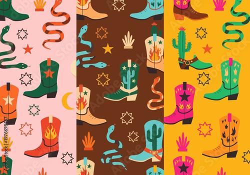 Western Seamless Pattern Set with Cowboy Boots, Snakes, and Cacti. Retro Bohemian Desert Illustration for Textile, Wrapping Paper, and Branding Backgrounds.
