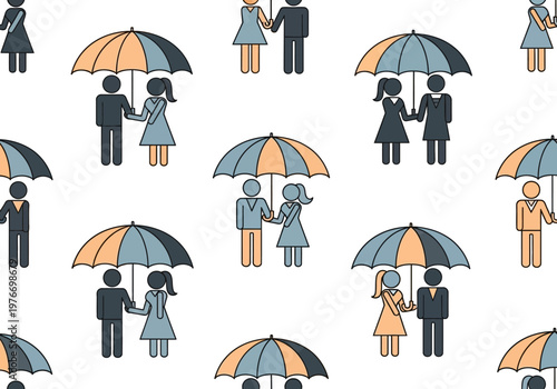 Seamless pattern of minimalist stick figure couples holding umbrellas together, symbolizing love, protection, support, and insurance in a clean vector style.