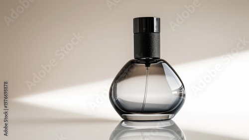 Elegant charcoal gray glass perfume bottle sitting on a reflective surface with soft natural side lighting creating a modern minimalist aesthetic and sophisticated mood