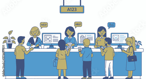 People interacting at a reception desk