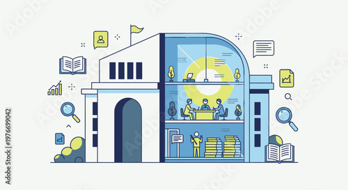 People working in a modern office building with educational elements