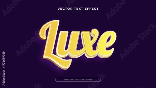 Premium 3d luxe text effect with golden yellow gradients and a purple glow on a dark violet background