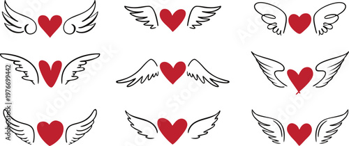 Winged heart seamless pattern with red love symbols and hand drawn angel wings in minimal line art style. Romantic repeating background for Valentine designs, fabric, wallpaper. Cute airy motif 