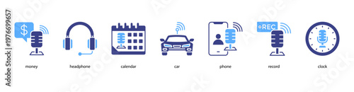 Podcast Essentials web banner icon vector illustration featuring money, headphone, calendar, car, phone, record, and clock for digital broadcasting and creative media.