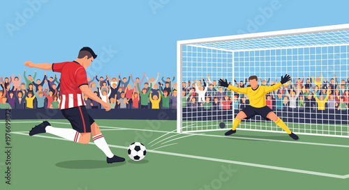 Soccer player kicks ball to goal.