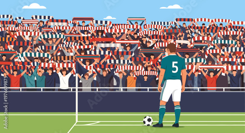 Soccer player standing on green field.