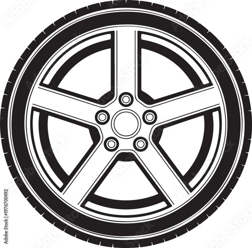 A sleek five spoke car wheel and tire assembly rendered in a clean modern graphic style 