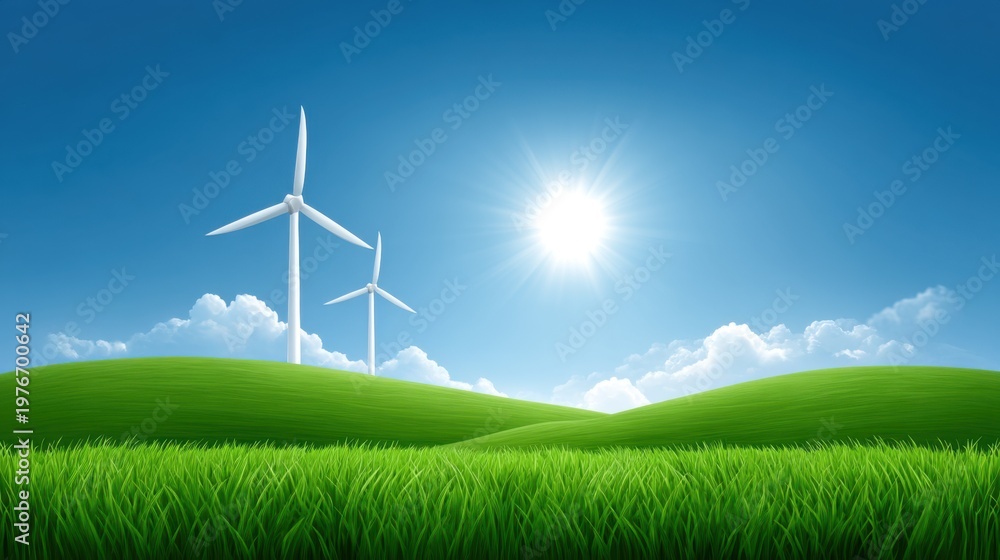 Obraz premium Lush Green Hills Under Bright Blue Sky with Wind Turbines and Bright Sun, Representing Clean Energy and Sustainable Future Concepts