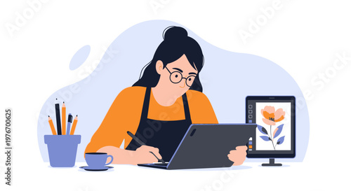 Artist drawing digital flower illustration on tablet, creative workspace with art supplies