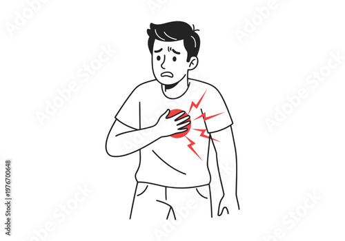 Man suffering from chest pain heart attack concept black and white line art vector illustration.
