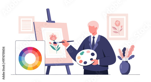 Artist painting a flower on canvas with color wheel and palette, creative process
