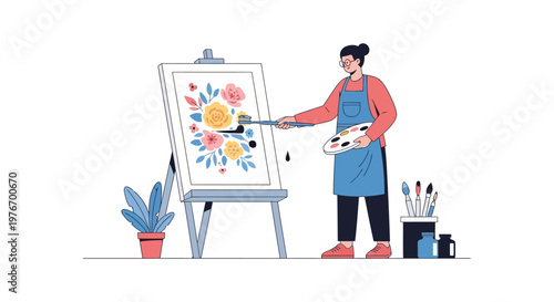 Artist painting flowers on canvas easel, creative hobby, art studio, inspiration