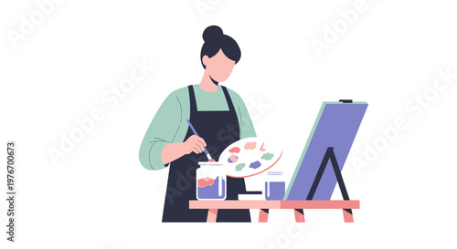 Artist painting on easel with palette and brushes, creative hobby, art studio