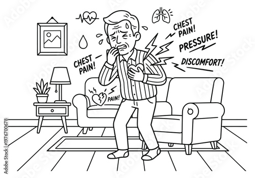 Elderly man feeling chest pressure and discomfort in living room scene line art drawing.