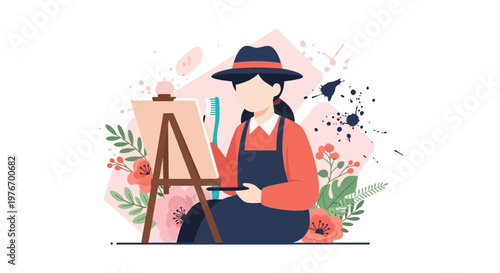 Artist painting on easel with flowers and paint splatters, creative hobby
