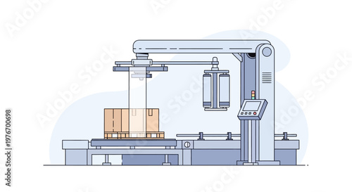 Automated packaging machine wrapping a palletized box with stretch film in a factory setting.