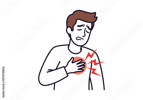 Man clutching chest suffering from severe heart pain or cardiac arrest stroke illustration.