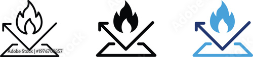 Fire resistant material icons, heat protection surface symbols, set of 3 flame retardant vector elements for industrial safety labeling