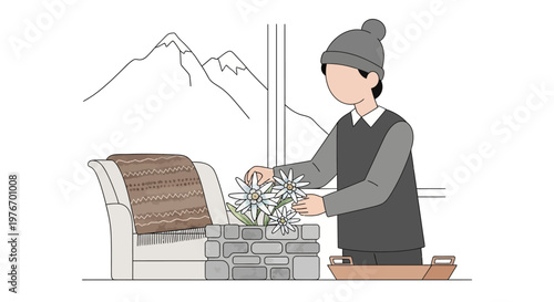 Cozy Winter Scene: Person Arranging Edelweiss Flowers Indoors with Snowy Mountains View