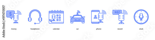 Podcast Essentials web banner icon vector illustration featuring money, headphone, calendar, car, phone, record, and clock for digital broadcasting and creative media.