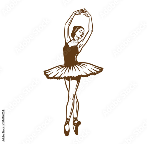 Brown ballerina in elegant pose with arms raised and tutu flowing outward isolated on white