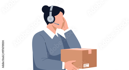 Customer service agent with headset holding package, logistics and delivery concept