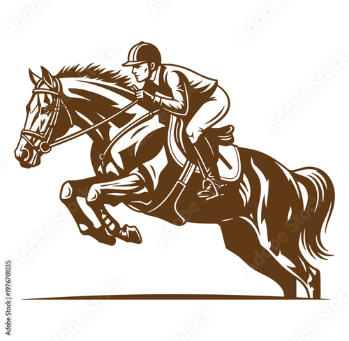 Brown illustration of a jockey riding a horse at full gallop isolated on white background