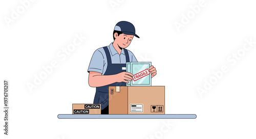 Delivery worker carefully packing fragile item into box, logistics and shipping service