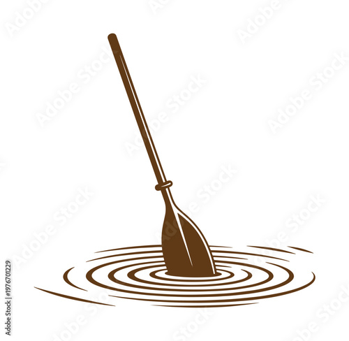 Brown oar stuck in water with ripples isolated on transparent background