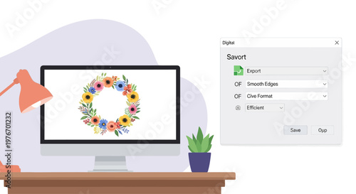 Desktop computer displaying floral wreath design next to software window with import options