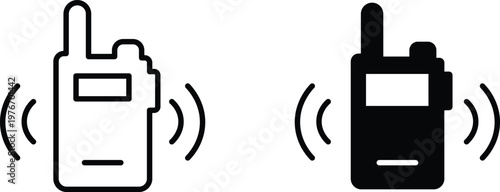 Walkie talkie icon set in outline and solid styles, portable radio transceiver vector symbols, wireless communication device illustrations