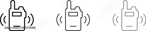 Minimalist walkie talkie icon set, portable radio transmitter vector illustrations, wireless communication device line art in three stroke weights