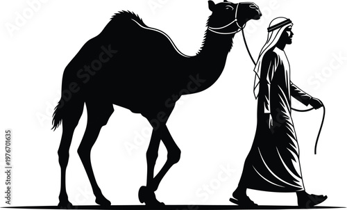Arab Man Walking with Camel Silhouette
