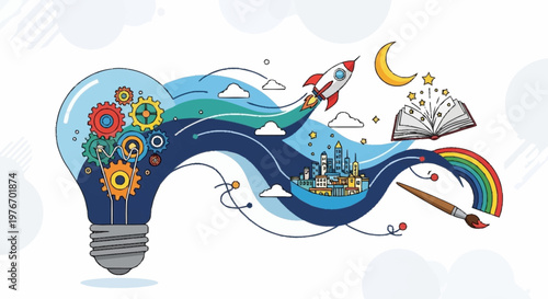 Creative Idea Bulb with Gears, Rocket, Book, and Paintbrush.